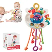 Catzon Montessori Pull String Toys for 6-12 Months Babies Silicone Teether-Blue