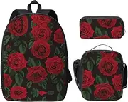 [JEJEA] red rose print Backpack 3Pcs Backpack with Lunch Box and Pencil Pouch Lightweight School Backpack, Black, One Size