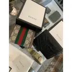 二手 GUCCI 馬夢金扣、帆布牛皮滿版經典女生三摺中夾短夾