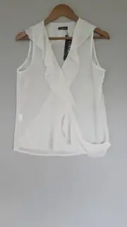 BOOHOO Womens Top Sz 12 Ivory Lightweight Sheer Chiffon Ruffle Sleeveless Blouse
