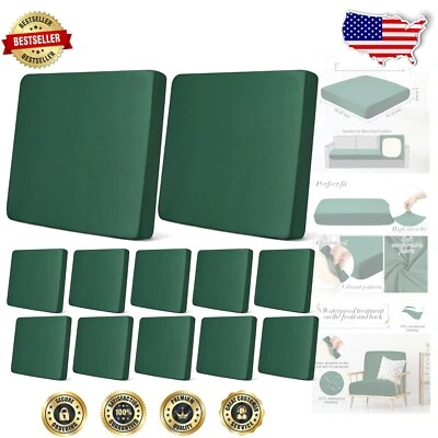 12-Pc Waterproof Dark Green Outdoor Cushion Covers, Stretch Fit for Sofas