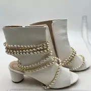 FSJ Women Peep Open Toe Sandals Boot Ankle Bootie Stacked Block Low Heeled White