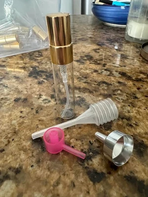 Decant set. Pipette, Sprayer Nozzle, Funnel & 5ml glass bottle with metal lid.