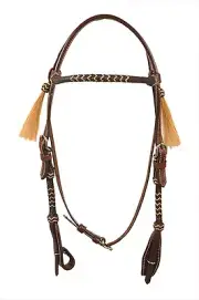 Western Dark Oil Rolled Rawhide Braided With Natural Tassel Headstall