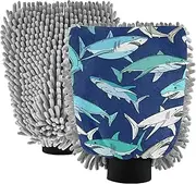 White Sharks Dark Blue Wash Mitt Car Washing Absorbent Microfiber Chenille Auto Cleaning Supplies Scrub Pad Scratch-Free, Large x 2 Pack