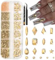 Champagne Gold Nail Rhinestones Kit Flatback Nail Charms Glass Gems Stones