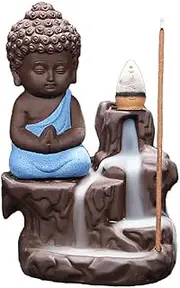 Backflow Incense Burner Holder Little Buddha Waterfall Incense Sticks Holder Handmade Ceramic Incense Burner Home Decor with 10 Backflow Incense Cones (B Blue)
