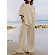 Women's Cotton Linen Sets Two Piece Sets Basic Pure Color Pocket Elastic Waist T Shirt Pant Street Daily Long Sleeve Crew Neck Black White Navy Blue Light Brow