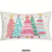Festive Christmas Lumbar Throw Pillow Cover-Watercolor Christmas Tree & Stars