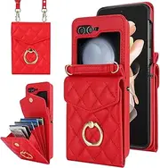 [Dibosom] Compatible with Samsung Galaxy Z Flip 5 5G 2023 Wallet Case Crossbody Strap Leather Credit Card Holder Clasp Stand Cell Accessories Phone Cover for ZFlip5 Z5 G Flip5 5Zcase Women Men Red