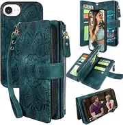 Harryshell Compatible with iPhone 16E Wallet Detachable Magnetic Cover Zipper Leather Case with Cash Coin Pocket Multi Card Slots Holder Wrist Strap Lanyard (Flower Teal)