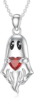 [Reaii] Natural Garnet Ghost Necklace for Women 925 Sterling Silver Ghost Pendant with Genuine Garnet Jewelry Gifts for Halloween, Sterling Silver, natural garnet