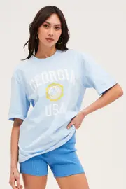 Blue Short Sleeve Graphic Tee - Size L, Women's Graphic Tee