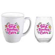 2pc Best Teacher Ever Hearts 400ml Coffee Mug & Stemless Wine Glass Cup Set WHT