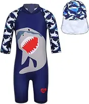 [zdhoor] Kids Boys One-Piece Wetsuit Bathing Suit Zipper Back Rash Guard Shark Pattern Printed Swimwear with Hat