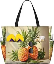 [Ghjkfbf] Pineapple Painting Print Large Capacity Beach Travel Bag For Family, Beach Tote Bag For Women With Zipper Pockets, Black, One Size