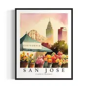 San Jose Flower Market Watercolor Painting San Jose Botanical Skyline