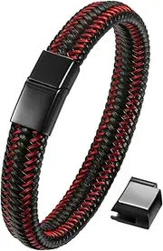 [Flongo] Men's Leather Bracelet, Stainless Steel Genuine Leather Bracelet Bangle Leather Bracelet Cuff Red Black Surfer Chain Magnetic Clasp Adjustable Clasp Biker Men's Bracelet, 23 cm, Leather, Without Stone