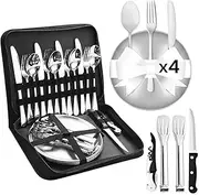 Cynrikah Outdoor Cutlery Set with Bag, Camping Dinnerware Set with Spoon Fork Knife