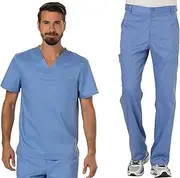 [Cherokee] WW140 Men's Premium Scrub Set Modern Fit V-Neck with Button Closure at Tapered Leg and Inner Drawstring Pant