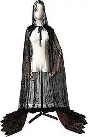Fiocias Hooded Cloak Long Lace Cape for Adult Christmas Halloween Cloak Costumes Hooded Cape Masquerade Dress Up, Black
