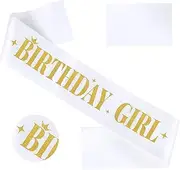 YARIEW Glitter Birthday Sash for Women, White Birthday Girl Sash with Gold Satin Happy Birthday Sash for Sweet 16th 18th 21st 25th 30th 40th Birthday Party Gifts Decorations