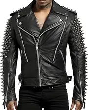 [Sumairah] Mens Motorbike Rock Sleeve and Back Punk Spike Studded Motorcycle Biker Zipper Moto Genuine Leather Jackets