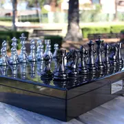 Dal Rossi Italy Silver Titanium Chess Set on 20" Carbon Fibre Shiny Finish Board