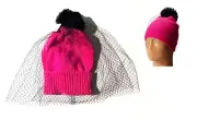 Betsey Johnson Fuchsia Pink Beanie Cap Black Net Veil Fishnet Hat Adult OSFM