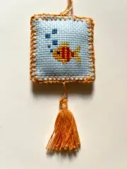 finished completed cross stitch scissors fob fish crochet border tassel