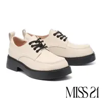 在飛比找momo購物網優惠-【MISS 21】極簡個性純色綁帶全真皮大頭厚底鞋(米白)