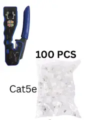 RJ45 Pass Through Crimping Tool with 100 RJ45 Cat5e Pass Through Connector Plugs