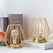 TRIROCKS 2 Set ofMetal Battery Operated Lamp 17cm Tall Mini Cage Shape Cordless Table Lamp Battery Lanterns with Warm Fairy Lights Bulb for Patio Garden Wedding Parties Indoor Outdoor(Gold)