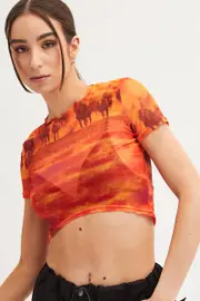 Orange Abstract Landscape Print Mesh Short Sleeve Top - Size S, Women's Top