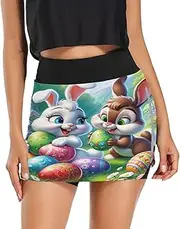 [Joisal] White and Green Floral Skorts for Women with Zipper Pockets Golf Attire for Women for Skater Golf Running Workout, Easter Rabbits and Eggs, Medium