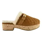 Chanel 21B Brown Suede Turnlock CC Logo Shearling Fur Mule Flat Clog Loafer 38