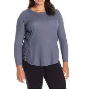 ONE WORLD WOMEN'S STEEL BLUE LONG SLEEVE LACE INSET WAFFLE KNIT TOP PLUS Sz 2X