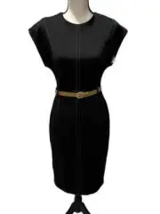 Calvin Klein NWT Size 12 Black w/Camel Contrast Stitching Belted Dress $134.00