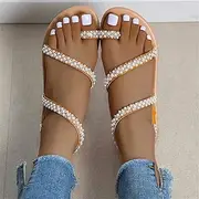 [SWTKO] Women Summer Flat Sandals Bohemian Pearl Flip Flops Boho Thongs Comfort Clip Toe Beach Sandals Shoes Ankle Strap Casual Walking Shoes,Brown,US9/EU40
