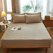 Elastic Bed Sheets Extra Deep Pocket Fitted Sheet with 2 Pillowcase Cotton Elastic Mattress Protectors Thick Soft Fitted Bed Sheet Winter Warm Bed Linen Bedspread-Khaki||180x200cm/(70.8"x78.7")