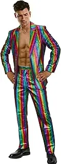 NIHONCOS Mens Sequins Costume 1970s Metallic Rainbow Disco Party Dance Suit Halloween Carnival Ball Jacket Pants Outfit