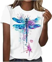 [Masrin] Women's T-Shirt Fashion Feather Print Tops O-Neck Short Sleeve Pullover Casual Solid Colour T-Shirt Blouse