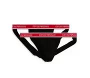 Emporio Armani Logo band 2-Pack BLACK Jockstraps w Red Waistbands Cotton Stretch