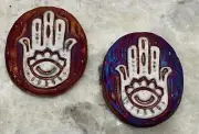 (2) Hamsa Medallions "I am Protected" Raku Pottery NEW