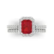 2.20ct Emerald Halo Tourmaline Stone Promise Bridal Ring Band set 14k White Gold