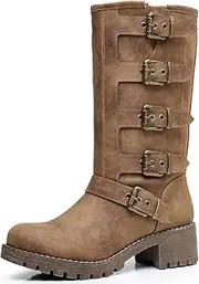 [GLOBALWIN] Chunky Mid Calf Fashion Dressy Motocycle Biker Military Style Combat Boots for Women Low Heel