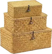 3 Pcs Seagrass Storage Basket with Lid Sturdy Enduring Handmade Hay Woven Basket Woven Rectangular Organizer Boxes Multifunctional Stackable Easy to Clean Hay Storage Basket for Toys Shelf Closet