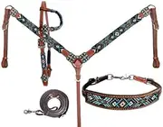 Showman Black & Turquoise Beaded Southwest Design Single Ear Leather Headstall & Breast Collar Set, Average Full Size Horse