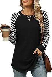 [Akiooue] Womens Long Sleeve Tops Striped Sweatshirts Color Block Lightweight Jumpers Casual Basic Ladies Tunic Shirts, Black White Striped, L