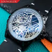Mens Black Skeleton Automatic Mechanical Watch Black Oil Waxed Leather Strap